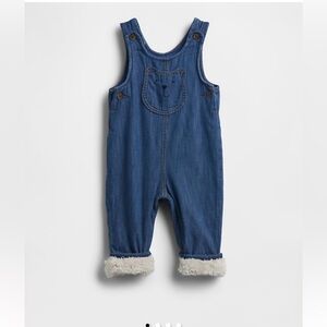 GAP Blue Denim Bear Pocket Overalls with Cream Faux-Fur Cuffs